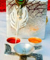 Antique German silver swastik diya with Roli chawal bowl & krishna tilak stick combo